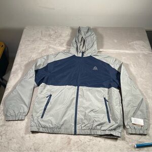 Reebok XL Windbreaker Jacket Gray And Navy Blue Fleece Lined Hooded Activewear